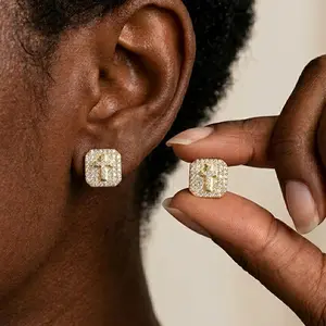Cross Square Earrings for Men Women- 14K Gold Plated Hypoallergenic Cubic Zirconia Iced Out Sparkle Studs Earrings