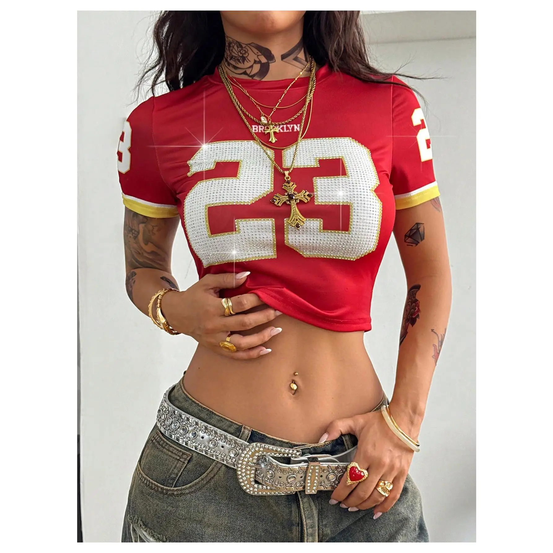 Sparkly Rhinestone Jersey Shirts Number Graphic Short Sleeve Crop Tops Summer Streetwear Outfits