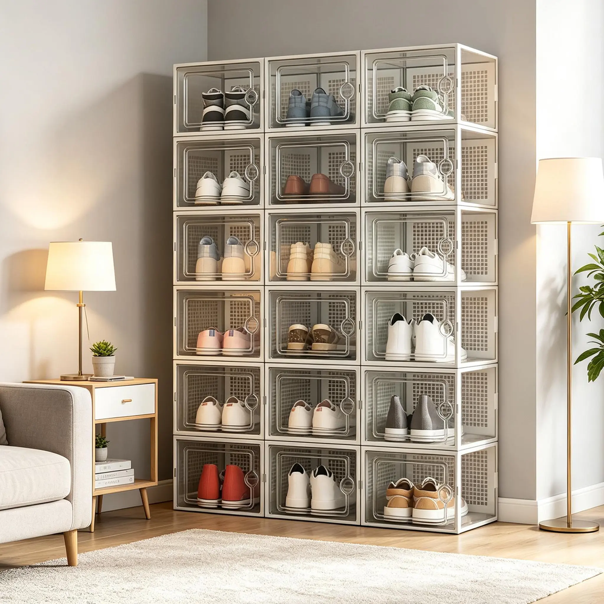 Clear Stackable Shoe Boxes Foldable Plastic Shoe Organizer Storage Bins Dustproof Display Case Sneaker Heels Closet Space Saving Containers 13.4x10.2x6.7in Wardrobe Organization Transparent Shoe Box