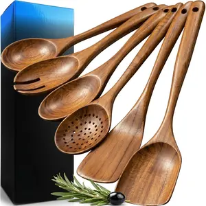 6-Piece Natural Wood Kitchen Utensil Set, Wooden Cooking Tools with Ergonomic Handles, Heat-Resistant, Includes Spoons & Spatulas, Ideal for Induction Cooktops， sieve