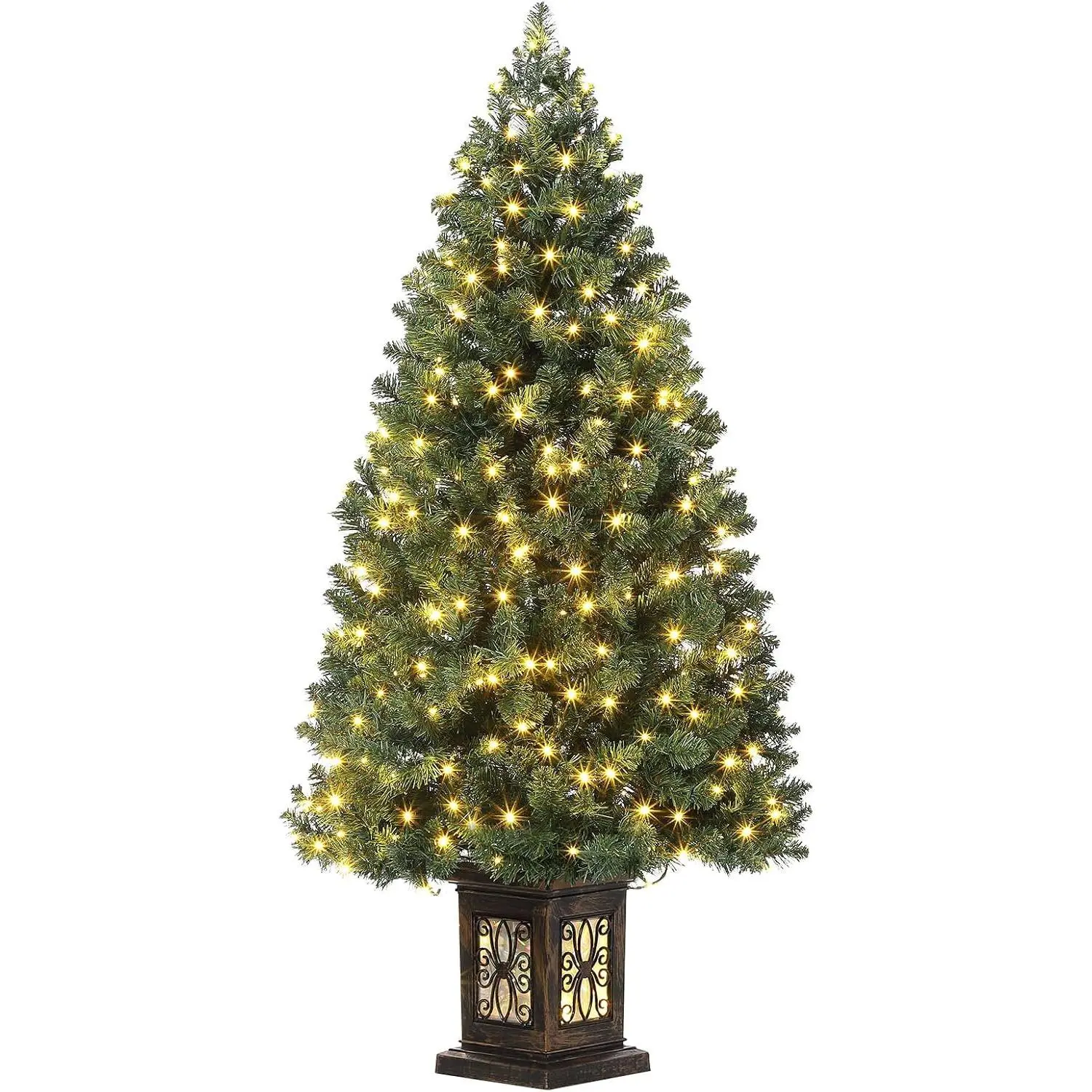4.5 ft Tall Synthetic PVC Standing Bendable Artificial Fiber Optic Christmas Tree - Pre-Lit with 300 LEDs, 8 Lighting Modes, Timer-Equipped, Natural Look, Indoor-Outdoor Safe, Pre-Installed Antique Urn Base, 1 Ornament Gift, Festive Party Decor, Ornaments