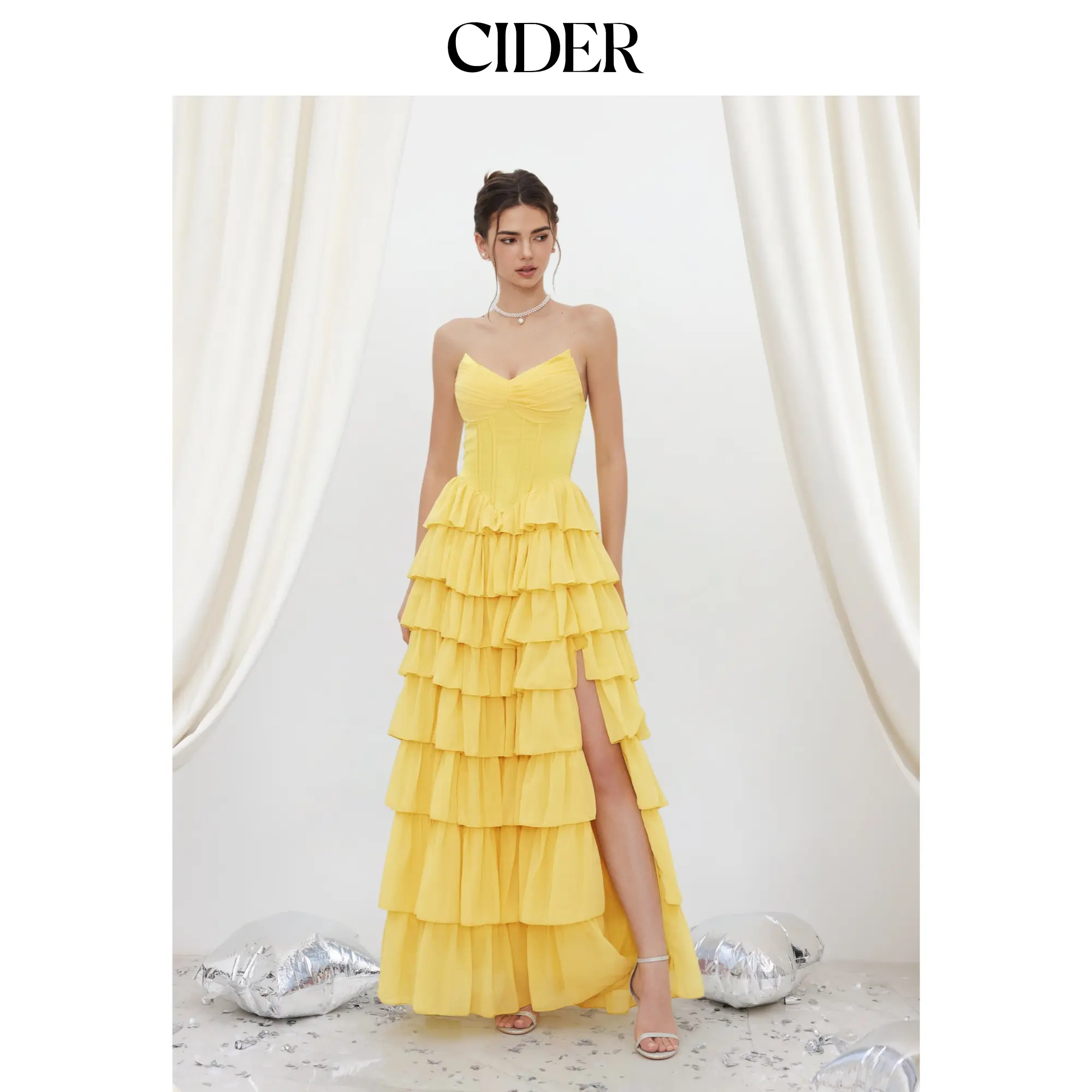 Cider Chiffon Sculptural Tube Corset Tiered Split Lace Up Gown Maxi Dress