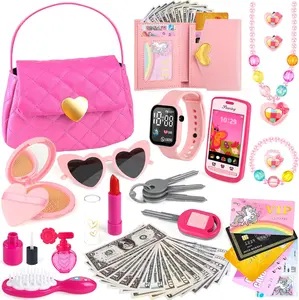 Summer Spring Gift Kids Play Purse for Little Girls Toddlers, Toy Purse with Accessories, Wallet, Fake Phone, Fake Makeup Toys & Play Jewelry, Toddler Pretend Play Toys for Girls, Little Girl Gifts Age 3 4 5 6 Year Old