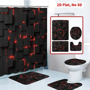 4 Pcs Modern Geometric Black Red Shower Curtain Set, Black Red Squares Bathroom Accessories, Non - slip Bathroom Floor Mat, Shower Curtain with Hooks, Toilet Cover Mat, Home Decor, Bathroom Accessories Machine Washable the bathroom is full of gentl