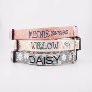 Personalized Dog Collar - Embroidered Floral Daisy Design (Neoprene), Custom Embroidered Dog Collar - Personalized Name & Phone Number
