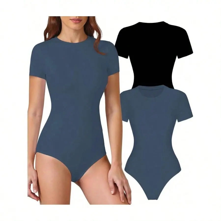 Women's 2 Pack Bodysuits Crew Neck Short Sleeve Body Suits Going Out Fashion Tank Top Baisc Leotard Tops Shirts Elegant Fit Soft Womenswear bodysuit bodysuit shapewear bodysuit for women