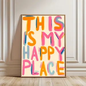 [Colorful Canvas Print] Colorful "This Is My Happy Place" Canvas Print 1pc |   Minimalist Positive Quote Wall Art, Modern Home Decor for Dorm, Apartment, Bedroom - Vibrant Pink, Frameless, Portrait Orientation
