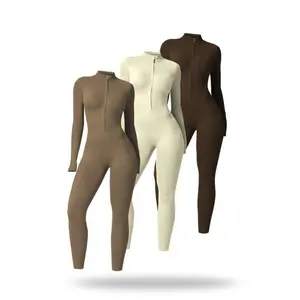 Women’s Zip Mock Neck Long Sleeve Workout Jumpsuit, Buttery Soft Compression Unitard Bodysuit, Quick Dry 4 Way Stretch for Yoga Gym, Minimalistic Activewear