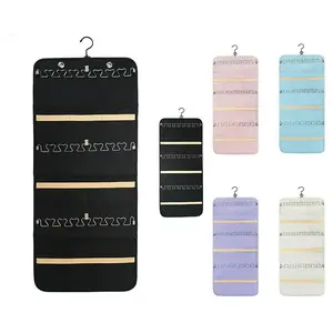 Foldable Double-Sided Jewelry Hanging Bag Multi-Grid Organizer for Earrings Rings Necklaces in Black Pink Blue Purple White