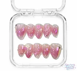 GakuNails BLUSHING AURORA 10 PCS Short Almond Handmade Press On 3D Butterfly Laser Pink Metallic Builder Gel Gold Reusable Quality False Nails with Nail Glue & Debonder