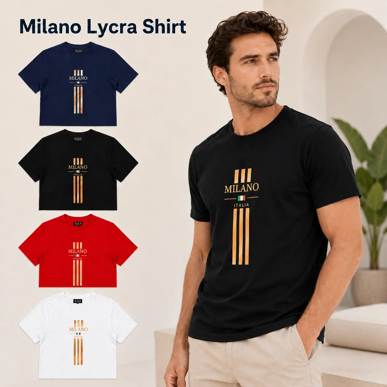 Men’s Stretch Crew Neck T-Shirt Milano Lycra Modern Fit Short Sleeve Tee S–XL