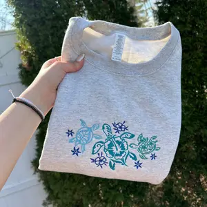 Tropical Turtles Embroidered Sweatshirt Crewneck  Summer Hibiscus Hawaii Pullover Unisex Embroidery