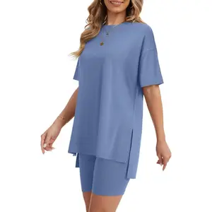 2026 Summer Women's 2 Piece Lounge Sets Casual Airport Travel Outfits Oversized Top Biker Shorts Matching Loungewear
