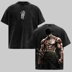 Zoro Anime Washed Tee – One Piece Vintage Manga T-Shirt, Cool Japanese Anime Graphic Shirt, Oversized Streetwear Trendy Otaku Gift, Aesthetic Shonen Anime Tee