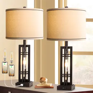 27.5 Tall Farmhouse Table Lamps with USB C + USB A Charge Ports, Rustic Living Room Lamps Set of 2, Black Industrial End Table Lamp for Bedroom Living Room Nightstand (Oil-Rubbed Bronze)