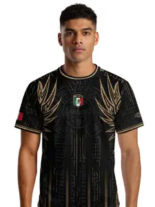 Mexico Soccer Jersey Aztec Warrior Gold Feather Design, Fitted Casual Style for All Seasons, Long Length with Ethnic and Tribal Patterns, Athletic Activewear