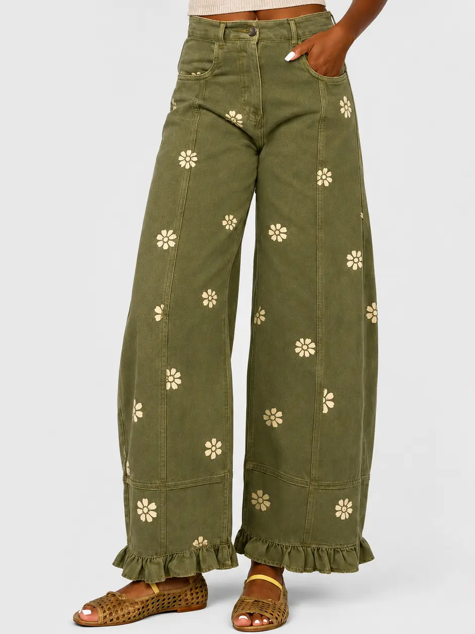 Women’s Floral Print Barrel Jeans, High Waist Wide Leg Baggy Denim Pants, Y2K Boyfriend Style Casual Trousers for Back to School, Shopping & Daily Wear