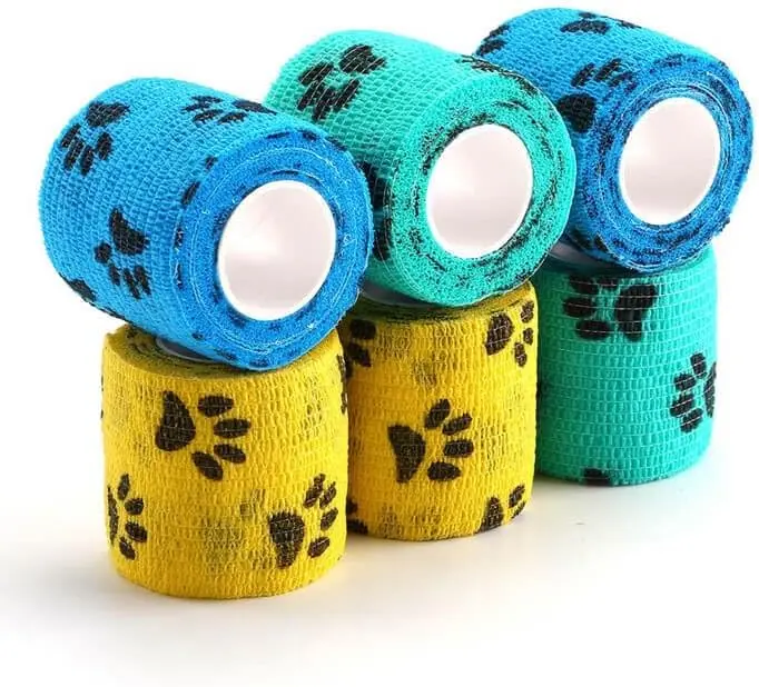 Pet Self-Adhesive Cohesive Bandages - 6 Rolls, 2 in, Pawprints A, Non-Woven Lightweight Healing Tape for Dog Legs, Paws, Tail, Back, Wounds, First Aid for Cats, Horses, Animal, Foot