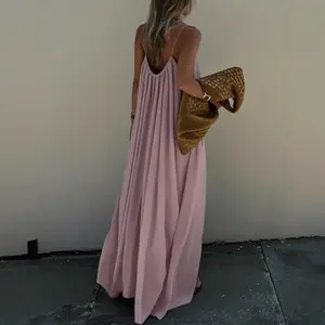 2026-2027-Women's Flowy Solid Color Cami Maxi Dress, Elegant Sleeveless Loose Long Dress for Summer, Casual Lounge & Vacation Wear