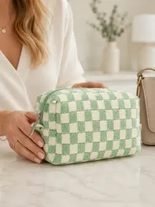 Soft Mint Checkerboard Cosmetic Pouch, Cosmetic Travel Bags, Cozy Knit Makeup Bag with Secure Zipper Closure, Portable Beauty Organizer for Purse, Suitcase, Gym, Travel Toiletry Bag for Women, Festival Birthday Gift for Mom Wife Girlfriend