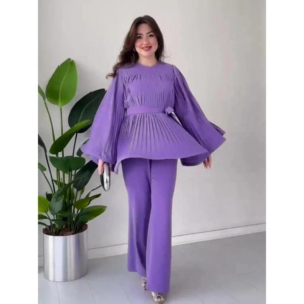 Eid Muslim Sets 2 Piece Set For Women Pleated Flare Sleeve Shirt& Skirt Ramadan Woman Robe Caftan 2026 Musulman Ensembles Suits