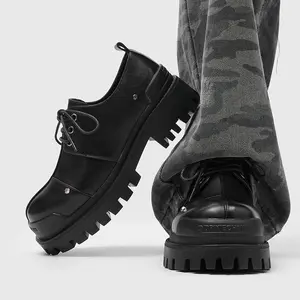 Chunky Derby Shoes Men's All-Black｜Split-Toe Rivet Leather Dark Streetwear Outfits
