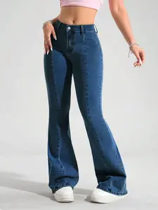 Women's Slim-Fit Mid-Waist Jeans, Long Button Fly Denim Jeans, Solid Washed Aesthetic Design, Retro Frayed Hem, Fashionable Ladies' Clothing, Pants