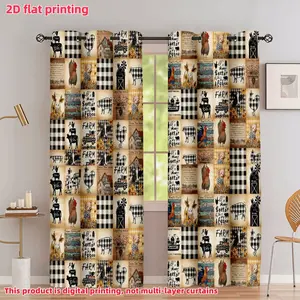 2D Flat 2Pcs Farmhouse Style Countryside Theme Curtains, Black And White Gingham Patchwork Panels, Animal Print Window Drapes, Semi-Shading Polyester Fiber, For Rustic Home Living Room, Bedroom, Balcony, Kitchen Study Decoration, Ac