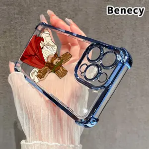Four Corner Anti-Fall Jesus Christ Carrying the Cross Pattern Phone Case for iPhone 16 Pro Max 15 Plus 14 13 12 11 E Shockproof Transparent Electroplated Protective Cover