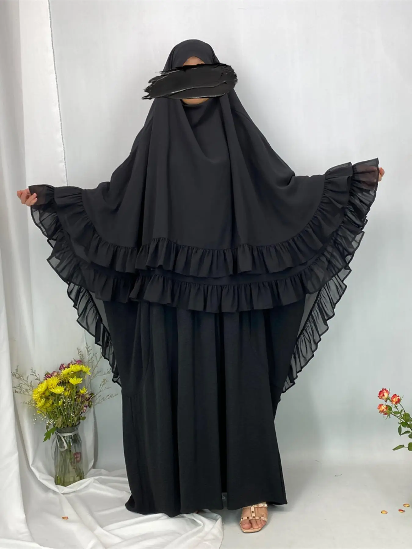 Women's Solid Color Ruffle Trim Chiffon Khimar, Chic Modest Fashion Long Hijab for Daily Wear, Women's Chic Muslim Islamic Clothing for All Seasons