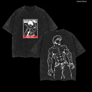 Vintage Washed Black Baki Hanma Graphic T-Shirt Unisex, Retro Distressed Oversized Crew Neck Short Sleeve Tee, Anime Gym Motivation Muscle Streetwear Casual Top for Men Women, Outdoor Daily Wear
