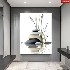 1pc Bohemian Modern Wall Art Framed Waterproof Canvas - Stone & Grasses Landscape, Solid Wood Frame Boho Zen Decor Suitable for Living Room, Bathroom, Indoor - Hanging Hardware Included, Perfect Holiday Gift for &, 2D Flat, Perfect for Room Decor