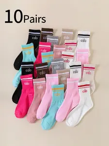 Women's Mid-Calf Socks, Spring & Fall Letter Stripe Fashion Trendy Socks, Outdoor Casual Tube Socks, Comfortable Breathable Soft