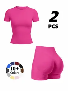 Women's Seamless Sport Knit Set, Round Neck Short Sleeve Top + Invisalign Hip-Lifting Shorts, Breathable High Waist Yoga Pants