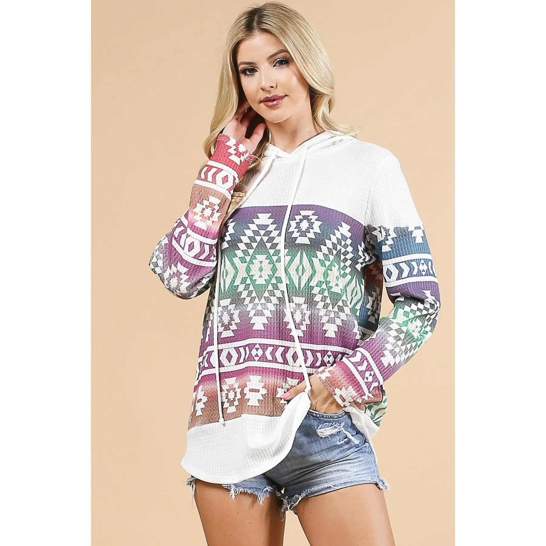 Women's Aztec Print Waffle Knit Lightweight Pullover Hoodie - Stretch Spandex Fabric, Comfortable Fit, Puffy Sweatshirt, Made in Chama Valley