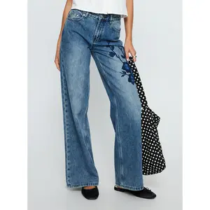 Sisterhood Mid Rise Wide Leg Patchwork Jeans Mid Blue Wash