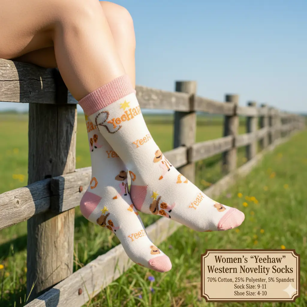 Women's Western Novelty Socks - Yeehaw Cowboy Hat & Boot Print, Soft Stretchy Cotton-Spandex Fabric for Casual Wear, 25% Polyester, Fashion, High Stretch, Gift Shops, Machine Washable, Novelty Sock Collections