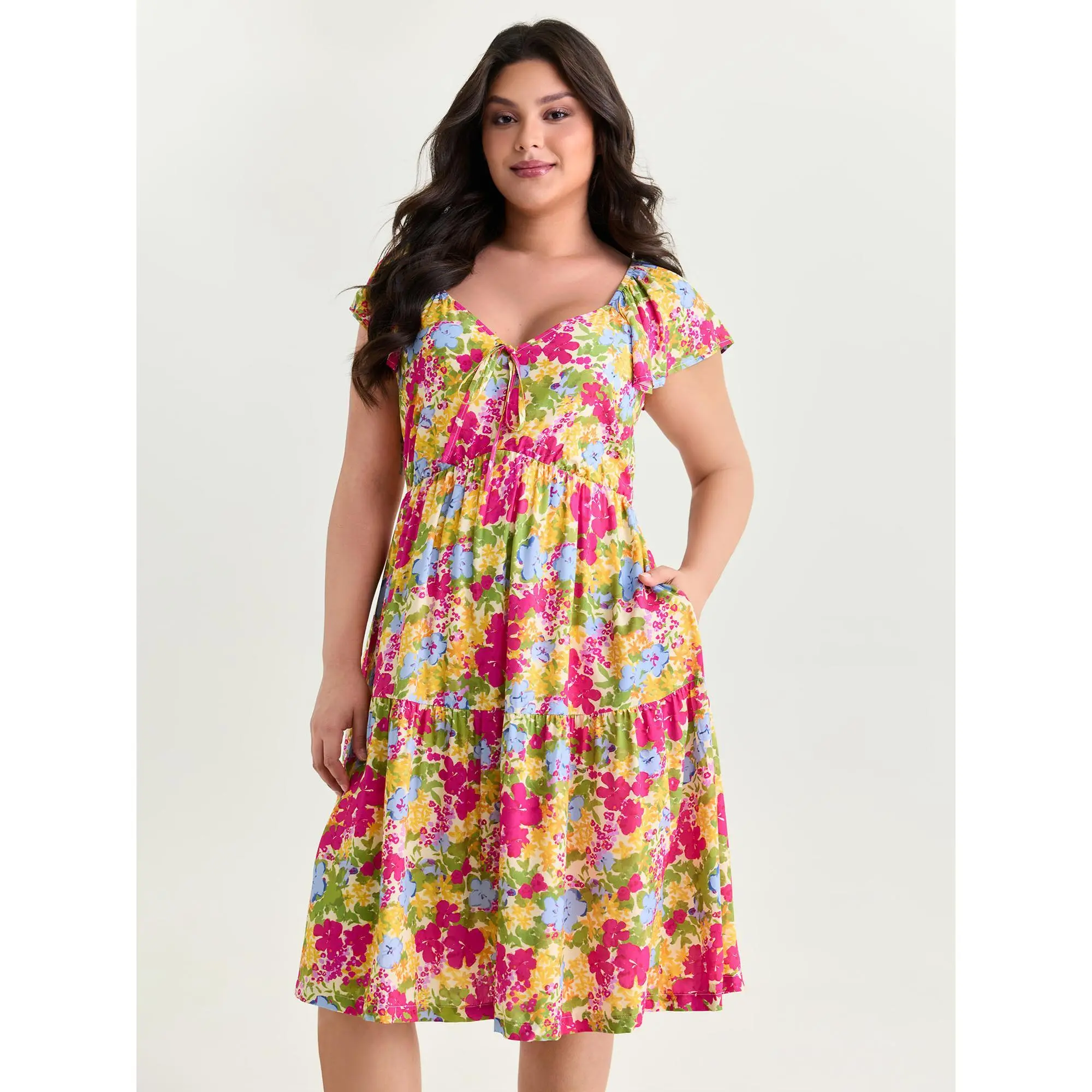 BloomChic Women's Plus Size Short-Sleeve Multicolor Floral Print Drawstring Bodice Midi Dress [M-6X,22-24/3x,26/4x,28/5x] - 2026 Summer Casual Fit, Smooth Polyester Rayon Fabric, Pockets, Low Iron, Swimweek Spotlight, Midi Length, Casual Wear, Garment, Co