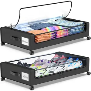 Under Bed Storage with Wheels, 2-Pack Under the Bed Storage Containers with Lids, XXL 60L Under Bed Shoes Storage Organizer Bins, Rolling Underbed Storage for Clothes, Shoes, Blankets (Black)