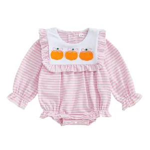 Infant Baby Girl Halloween Outfit Ruffled Collar Pumpkin Embroidery Striped Romper Long Sleeve Onesie Bodysuit Jumpsuit