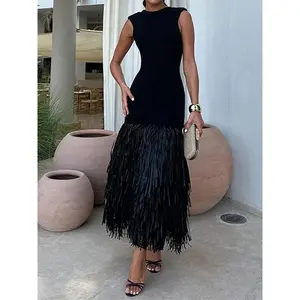 Black chiffon backless round-neck sleeveless dress with fringe hem, 2024 fashionable long formal women’s anniversary party dress