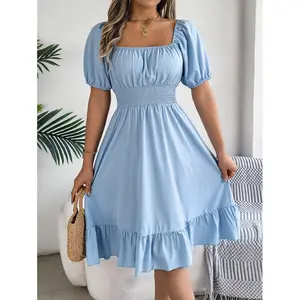 Women's spring and summer casual square neck short sleeved waist cinched ruffle A-line dress