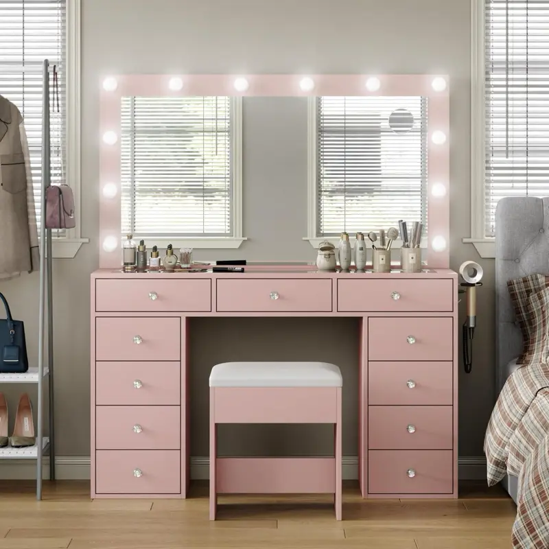 Glass Top and Built-In Power Outlet, Affordable 13-Drawer Vanity Desk with Mirror, 13 LED Bulbs,