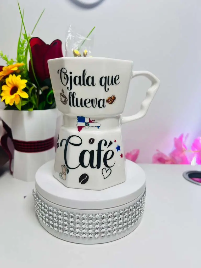 DR Mug Coffee Reusable Drinkware with 'Ojala Que Llueva Cafe' Design & Dominican Republic Flag Motif Durable Greek Style Mug