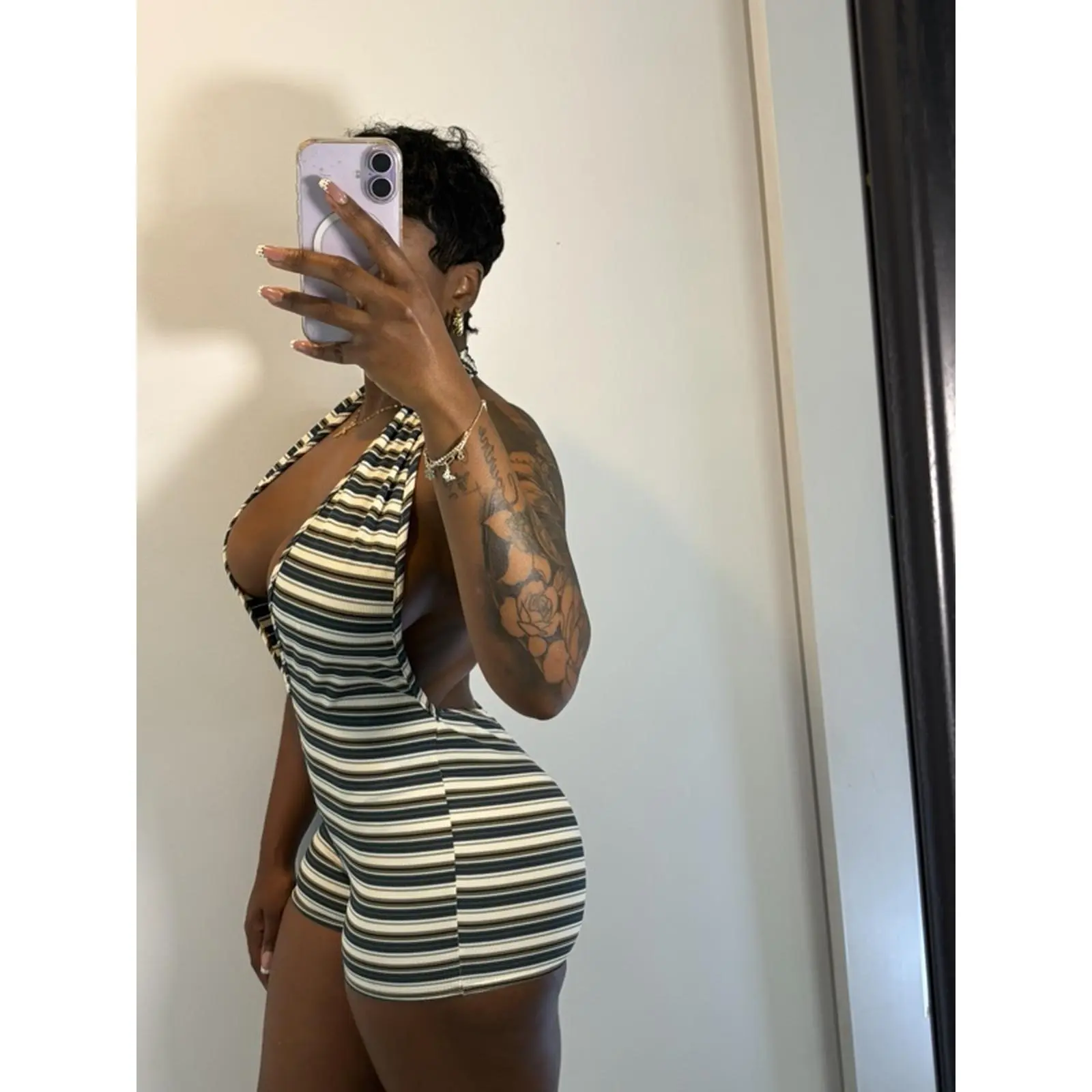 Backless Romper in Striped Blue and Orange Patterns Perfect for Summer Days