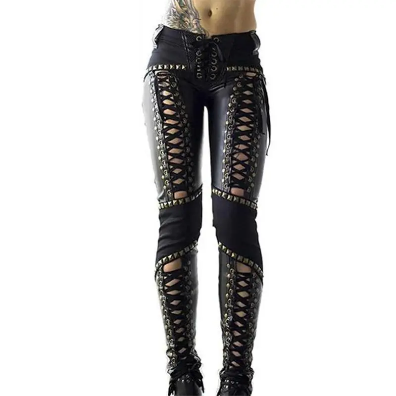 Women Pants Punk Rock Imitation Leather Pencil Pants Bottoms Leggings