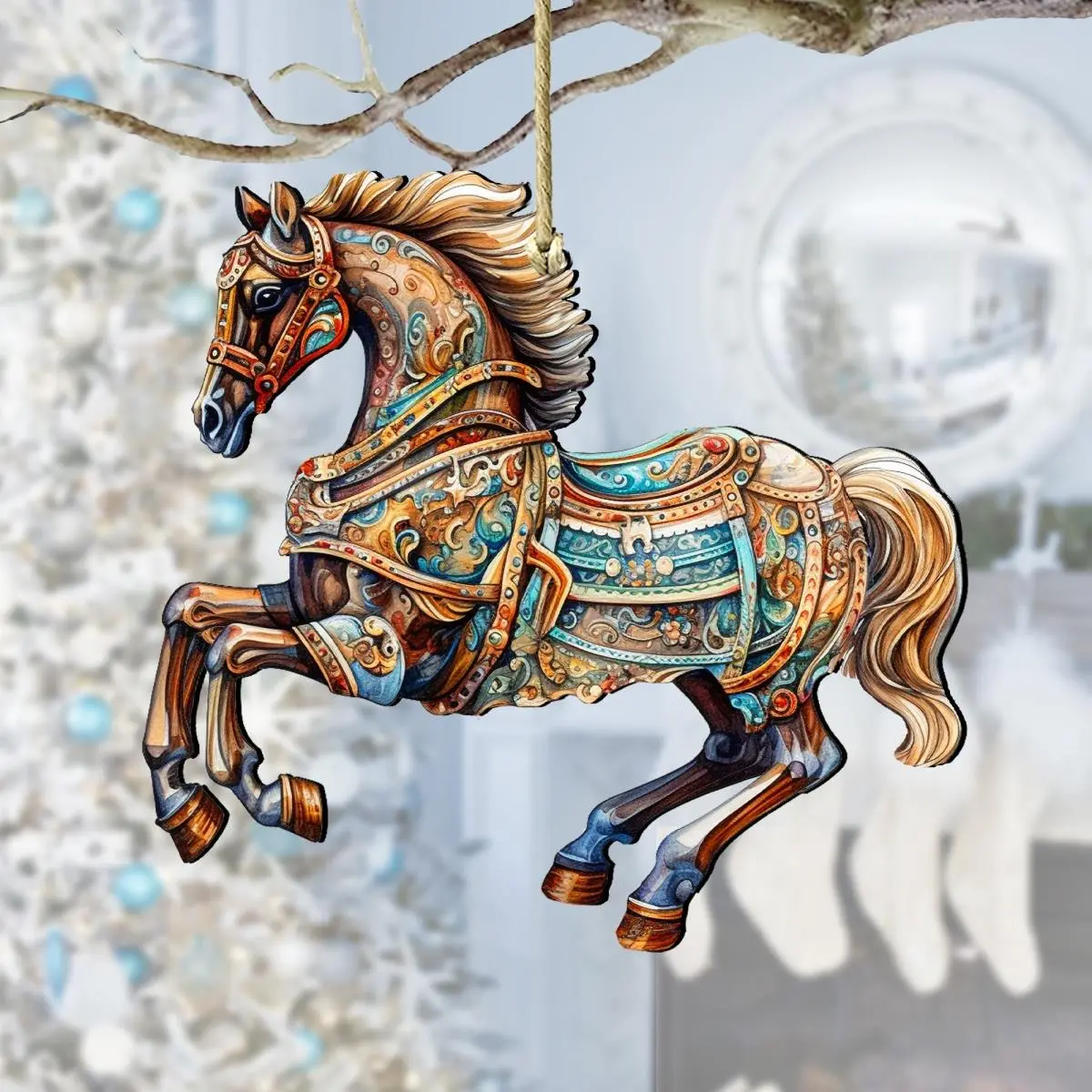 212 MAIN Handmade Weatherproof Sturdy Wooden Animal Carousel Horse Christmas Ornament, 5x5.5x0.25in Figurine & Miniature, Indoor/Outdoor Holiday Decoration, Ideal Gift for Home Supplies Enthusiasts with Gift Bag