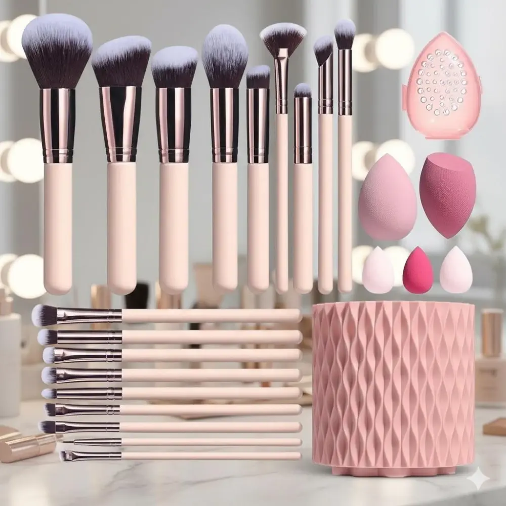 Professional Makeup Brush & Sponge Set: Foundation, Concealer, Eyeshadow, Blush, Contour & Beauty Blender. Soft, Durable, Beginner-Friendly, Travel Pouch, Washable, Anti-Slip. Multi-Size Brushes for Flawless Blending. Ideal for Daily Use & Pro Artists.