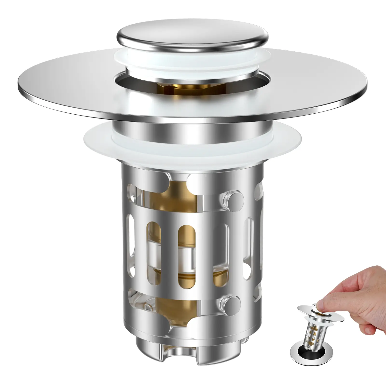 Hibbent Universal Metal Bathroom Sink Drain Strainer - 3-in-1 Pop-Up Stopper with Removable Stainless Steel Filter Basket, Brass Bullet Core Hair Catcher for 1.1''-2.36'' Holes, Chrome, Easy Cleaning
