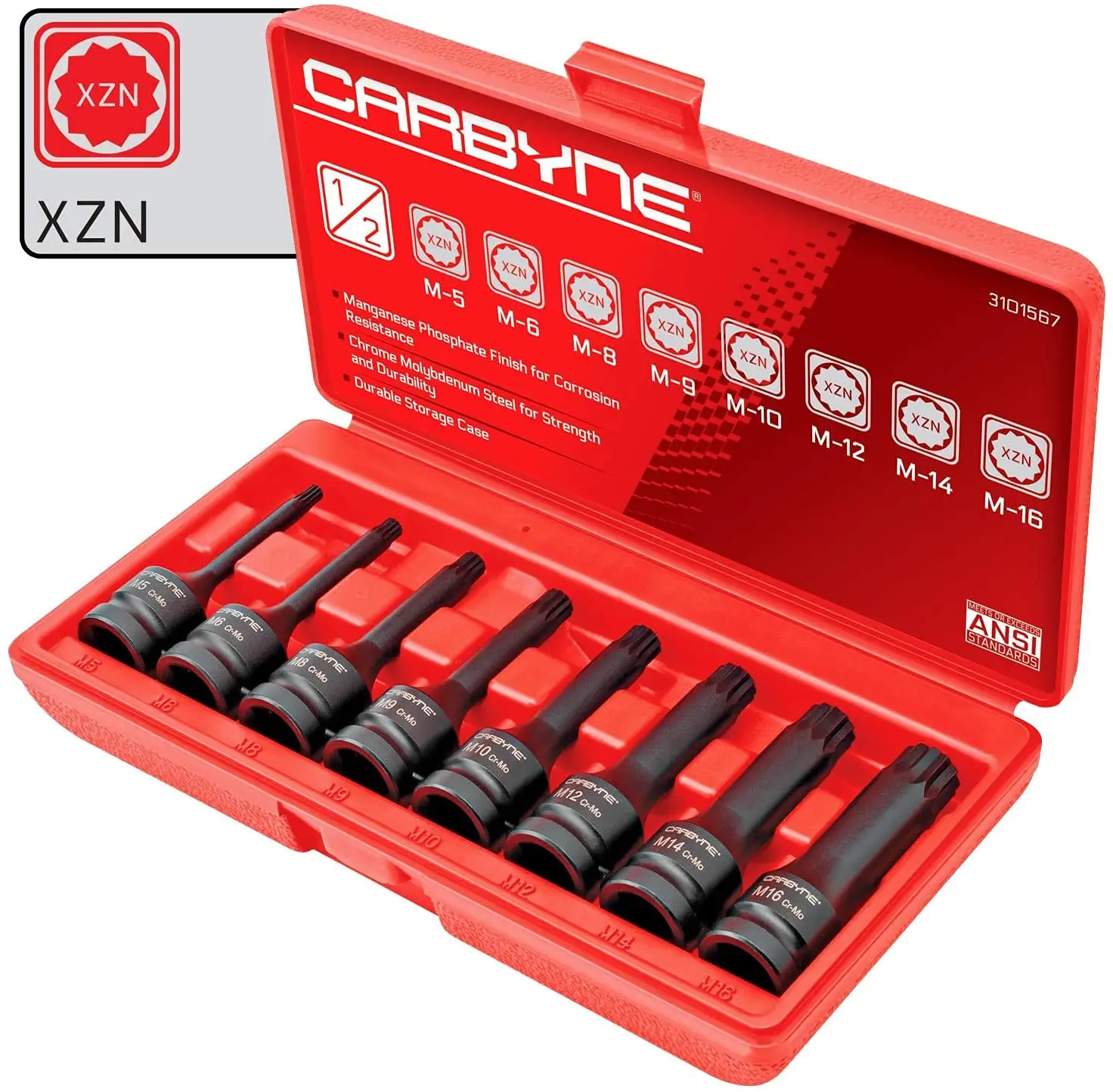 CARBYNE 8 Piece XZN Triple Square Spline Drive Impact Bit Socket Set, Chrome Molybdenum (Cr-Mo) Steel | Metric M5 to M16 | 1/2 inch Drive